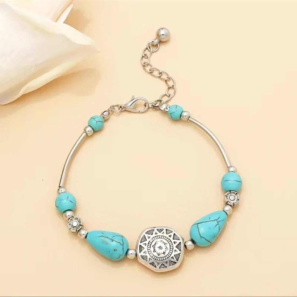 Boho Turquoise Bead Silver Tone Bracelet